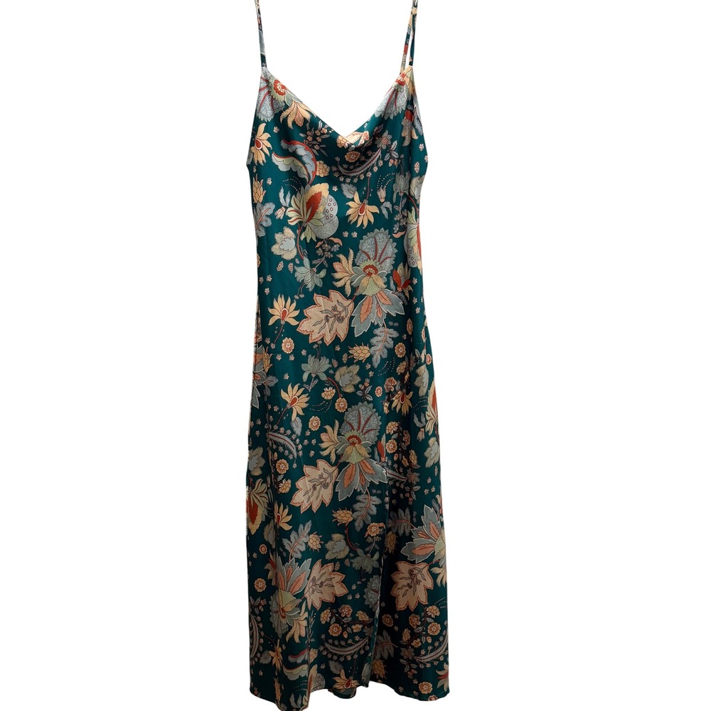 Paper Heart Teal Floral Paisley Satin Cowl Neck Midi Slip Dress Side Slit Small